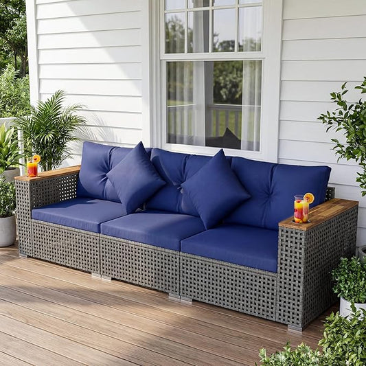 Tangkula 86.5" Large 3-Seat Patio Wicker Sofa, 3 Pieces PE Rattan Sectional Furniture Set with Cup Holder & Wood Armrest, Outdoor Couch Set with Armless & 2 Corner Sofas for Garden, Yard, Porch, Navy