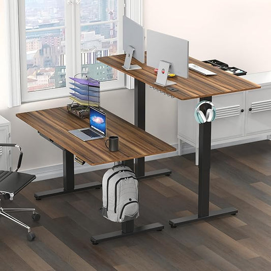 SHW 55 x 28 Inches Electric Height Adjustable Standing Desk with Drawer and Memory Preset, Walnut