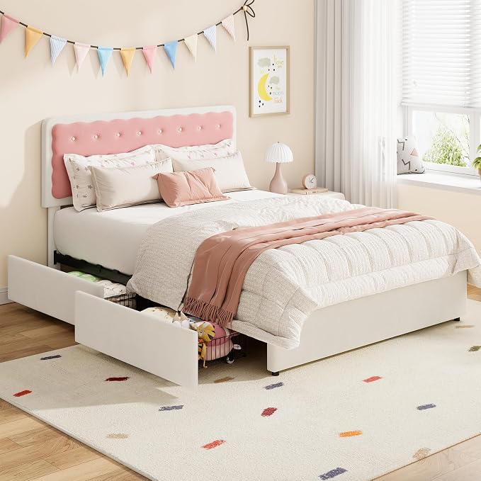 Garvee Full Size Velvet Upholstered Bed with Biscuit Shaped Headboard, 2 Drawers, Wood Slats, No Box Spring Needed, Easy Assembly – Cream White & Pink