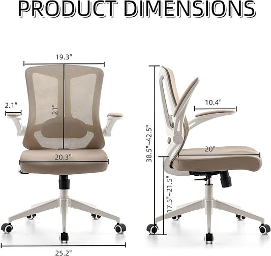 Ergonomic Office Chair with Adjustable Lumbar Support & Flip-Up Armrests - High Back Computer Desk Chair with Thickened Seat Cushion, Rolling Wheels for Home/Office Study Work (08khaki)
