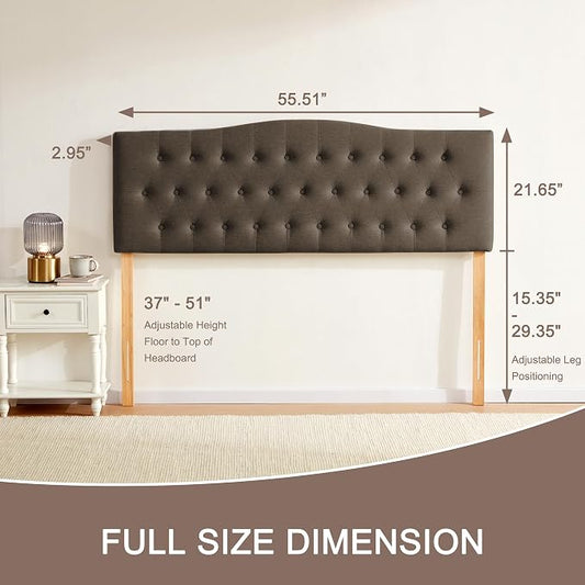 Tufted Headboard Full Size, Solid Wood Adjustable Height Head Board, Brown | Upholstered Full XL Headboard Only with Durable Solid Wood Legs, Adjustable Height 37-51 in, Fabric Button Diamond HeadBoards