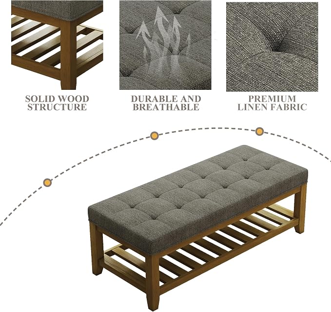 Befurtori Large Rectangular Upholstered Ottoman Bench, Linen Tufted Footrest Ottoman with Solid Wood Shelf Storage Coffee Table for Bedroom Living Room, Granite
