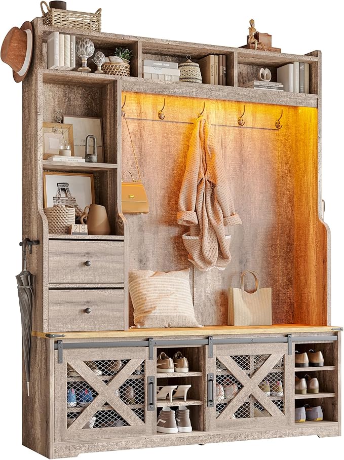 AMERLIFE 75"H 7-in-1 Farmhouse Hall Tree with Bench and shoe storage, LED Entryway Bench with Coat Rack, 12 Shoe Cubbies, 2 Drawers, Barn Doors & Adjustable Shelf, Mudroom Hallway Cabinet, Rustic Grey
