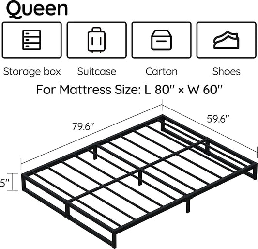 Richwanone 5 Inch Queen Bed Frame, Heavy Duty Metal Platform Bed, Black | Queen Size Bed Frame, Mattress Foundation with Steel Slat Support, No Box Spring Needed, Easy Assembly