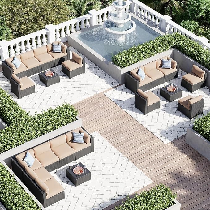 Aoxun 7 Piece Patio Furniture Set, Wicker Rattan Patio Sectional Sofa, Outdoor Furniture Set with Thickened Cushion, Beige