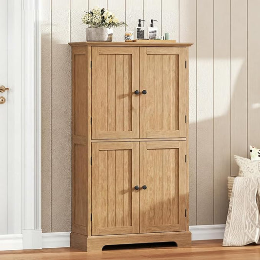 ChooChoo Bathroom Floor Cabinet, Modern Bathroom Storage Cabinet with 4 Doors and Adjustable Shelves, Freestanding Cupboard for Living Room, Natural
