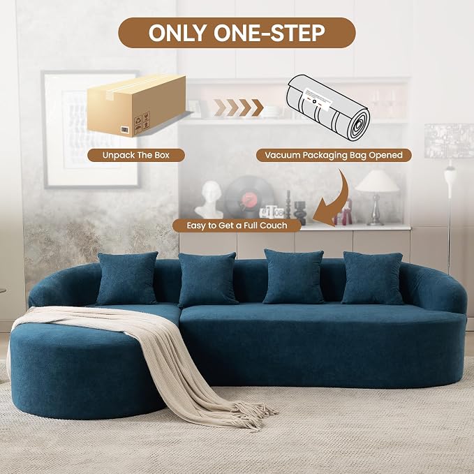 105" Boneless L Shaped Sectional Couch, Curved Cloud Deep Seat Sofa with Chaise Lounge, Oversized 4 Seater Couches for Living Room, No Assembly, Chenille Blue