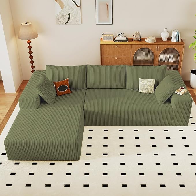 96" Modular Sectional Sofa, Modern Corduroy Cloud Couch with Deep Seat, Boneless Couch Upholstered 3-Seater L-Shaped Sofa for Living Room, No Assembly Required (Green, Left-Facing Chaise)