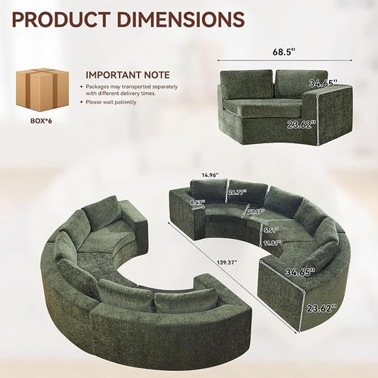 WUTUTUEE 142'' Curved Round Boneless Couch, Oversized Circular Sofa with Deep Seat & Arms, Chenille Modular Sectional Sofa with Pillows, Upholstered Comfy 12 Seat Couch for Living Room, Green