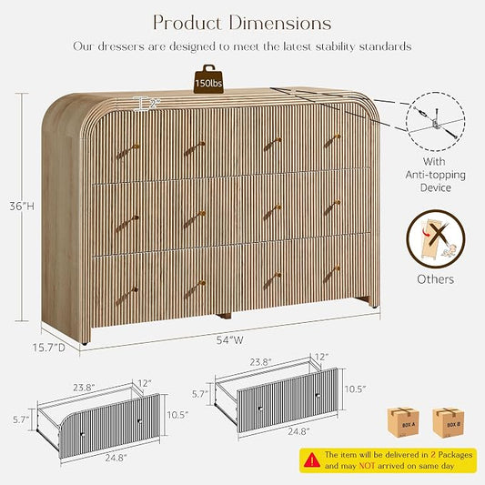 T4TREAM Fluted 6 Drawers Dresser for Bedroom, 54" Wide Modern Chest of Drawers with Thickened Curved Profile Design, Wood Dressers TV Stand for Bedroom, Living Room, Hallway, Natural Oak