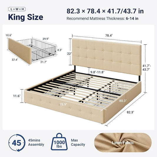 Allewie Upholstered King Size Platform Bed Frame with 4 Storage Drawers and Headboard, Square Stitched Button Tufted, Mattress Foundation with Wooden Slats Support, No Box Spring Needed, Beige