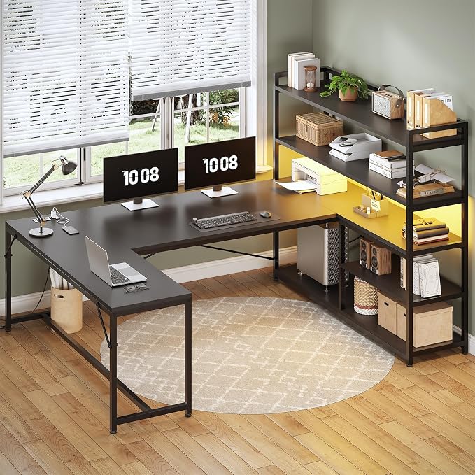 SEDETA L Shaped Gaming Desk, 63'' Reversible Computer Desk with Power Outlet and Storage Shelves, Corner Gaming Desk with LED Lights, Bookshelf for Home Office, Black