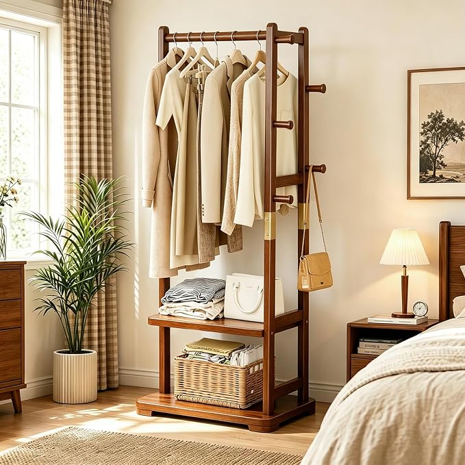 Taitiy Coat Rack Solid Wood Clothes Rack with 2 Shelves & 5 Hooks for Hanging Clothes Garment Wallets Hats, Clothing Rack Coat Rack Freestanding Hall Tree with Storage for Hallway Bedroom Living Room