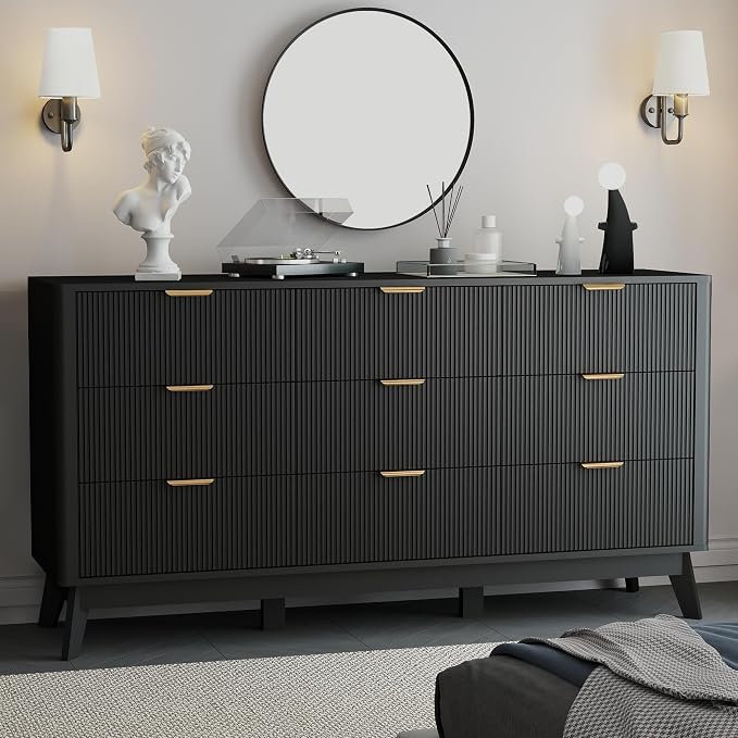 SUNWAVE 9 Drawer Dresser for Bedroom, 59.1" Large Fluted Dresser with Round Corner, Modern Dressers Wood Chest of Drawer for Living Room (Black)