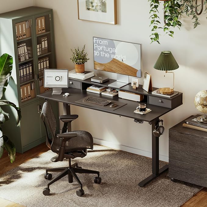 Agilestic 55 x 24 Inches Electric Standing Desk with 2 Storage Drawers, Stand Up Desk Adjustable Height, Sit and Stand Computer Table with Splice Board, Black