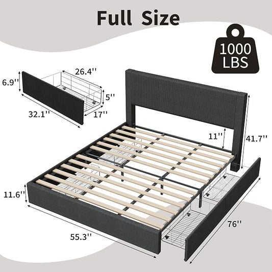 Garvee Corduroy Full Bed Frame with Headboard, Platform Upholstered Bed Frame with 4 Storage Drawers and Wooden Slats Support, No Box Spring Needed, Black