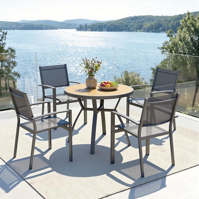Wisteria Lane Patio Table and Chairs for 4, Outdoor Patio Dining Furniture Set with Aluminum Table and Metal Textilene Chairs, All-Weather Patio Table Set with HDPS Round Tabletop for Garden Porch