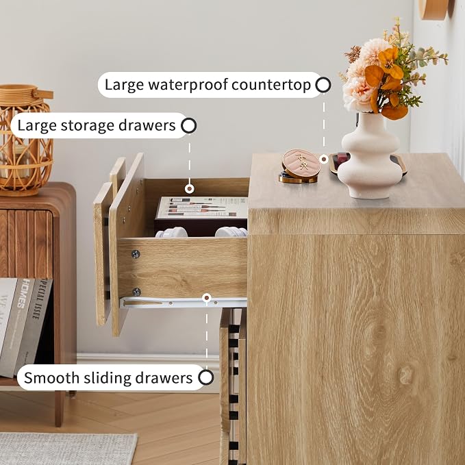 Janmer Home 3 Drawer Dressers for Bedroom, 31.5" Wide Large Mid Century Modern Fluted Nightstand, Wood Dresser & Chest of Drawers with Curved Profile for Living Room, Entryway, Hallway, Natural