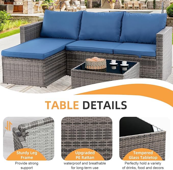 Shintenchi 4 Pieces Patio Furniture Set, 2-in-1 Convertible Sectional Sofa & Chaise Lounge, All-Weather Wicker Rattan Sofa Couch with Cushions & Coffee Table for Yard, Garden, Porch, Poolside