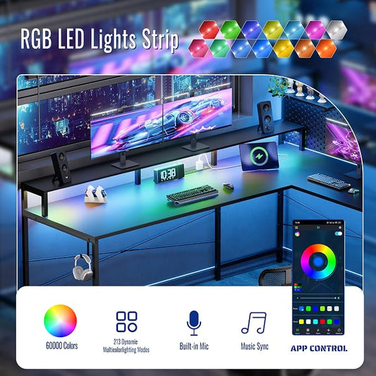 Pamray 64 Inch L Shaped Gaming Desk with Power Outlets and Led Lights, Large Corner Computer Desk with Monitor Stand and Pegboard, PC Table for Home Office and Bedroom Red