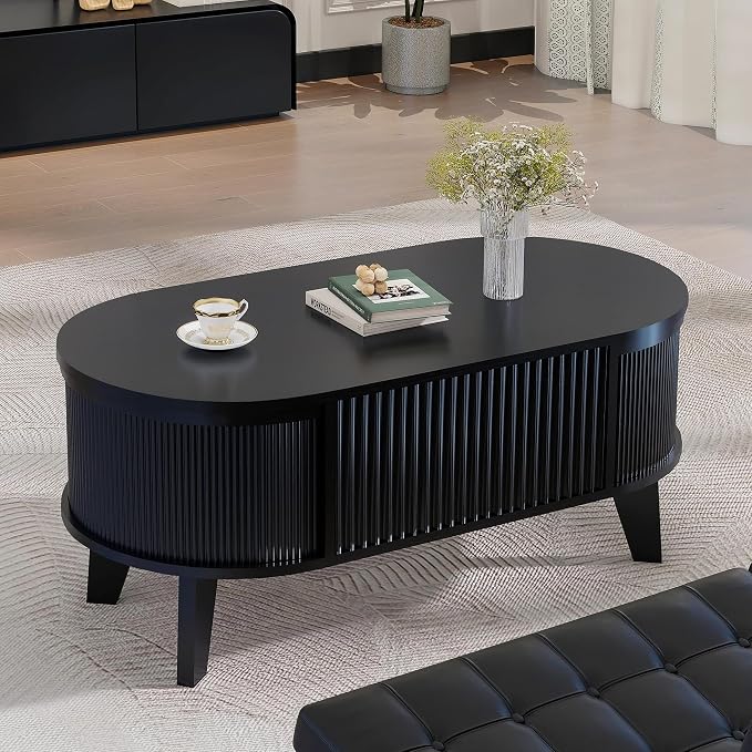 LYNCOHOME Fluted Lift Top Coffee Table with Storage,Modern Oval Coffee Table for Living Room or Home Office(Black)
