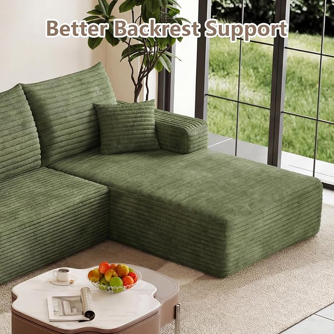 95" Cloud Sectional Couch U-Shaped Chaise with Ottoman, Corduroy Boneless Couch for Living Room Bedroom, Deep-Seat Upholstered Modular Cloud Sofa, No Assembly Required (Green, Right Facing Chaise)