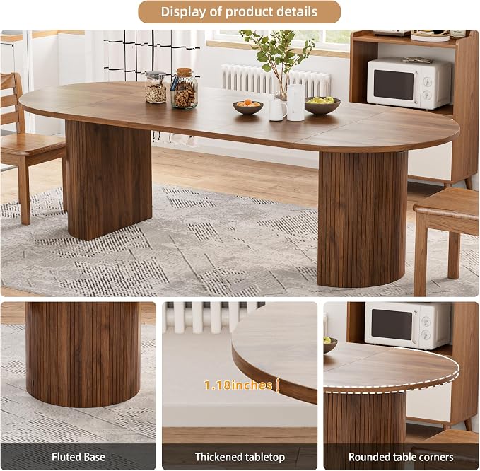 43-95 Inch Oval Extendable Dining Table for 4-10, Fluted Space Saving Long Round Kitchen Table with 3 Leaf, 2 Storage, Mid Century Modern Dining Room Dinner Table for Living Room, Walnut