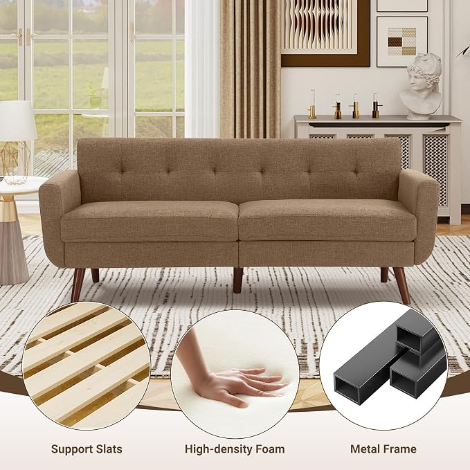 Tbfit 77.2" W Linen Sofa Couch, Mid Century Modern Decor Loveseat Couches for Living Room, Button Tufted Upholstered Small Couch for Bedroom, Solid, and Easy to Install Love Seats Furniture, Brown