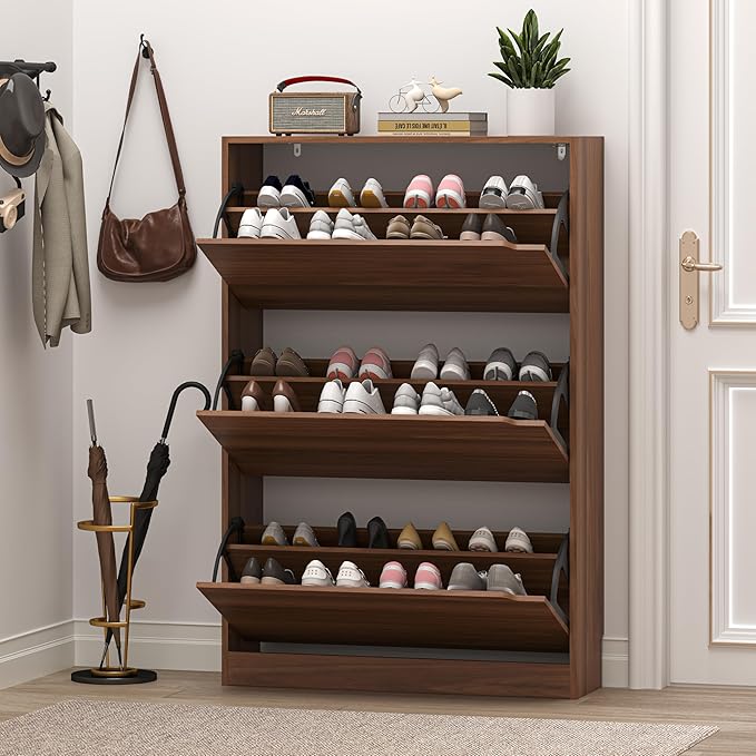 BORNOON Shoe Cabinet with 3 Flip Drawers, Slim Narrow Shoe Storage Cabinet, Freestanding Shoe Organizer with Adjustable & Removable Shelves, Top Display Shelf for Entryway, Hallway, Foyer, Closet