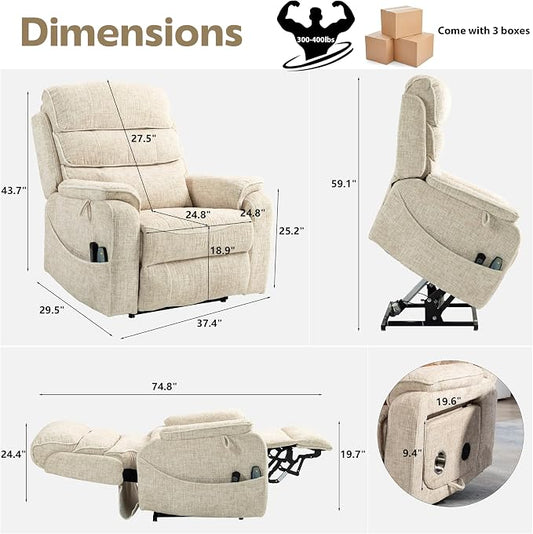 JIKFRIMA Power Lift Recliners Chairs for Elderly Adults Lay Flat Recliner with Heat & Massage, Wireless Charging Device, USB Ports, Cup Holder, Lumbar Pillow, 400Lbs (Velvet Fibric,Beige)