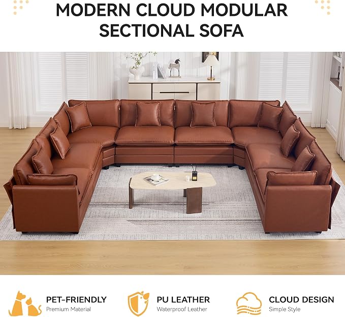 147'' Oversized U Shaped Cloud Sectional Sofa, Leather Deep Seat Couches for Living Room, Comfy Upholstered Modular Sectional Sofa Couch, Leather Brown