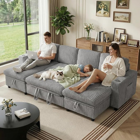 Modular Sectional Sleeper Sofa with Pull Out Bed, Plush Corduroy U Shaped Couch with Storage Chaise, USB Ports, Cup Holders, Comfy Cloud Couches for Living Room, Grey