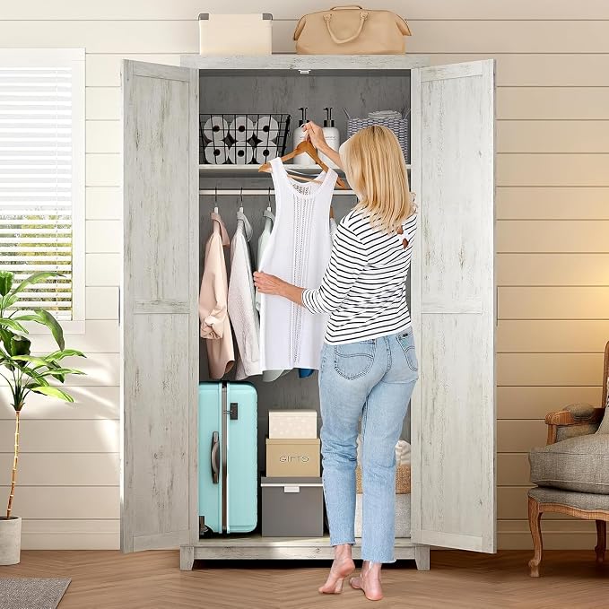 LUXOAK 70" Large Armoire Wardrobe Closet Set of 2 with Hanging Rod, Farmhouse Clothing Storage Cabinet with 2 Barn Doors, Wooden Tall Bedroom Armoires with Shelf, Distressed White