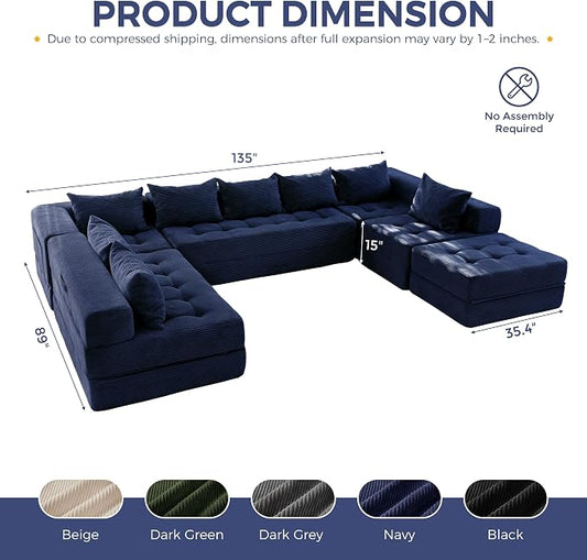 MAXYOYO Modular Sectional Sofa Couch, Foldable Oversized U Shaped Cloud Couch with Pillows, Tufted Boneless Lounger Floor Sofa Bed for Living Room, No Assembly Required, Navy