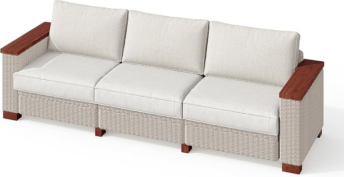 PaPaJet Outdoor Patio Sofa, 3 Seat Wicker Couch with Solid Armrests & Legs, 4.7" Thickened Removable Cushions, UV-Resistant Modular Sofa for Porch, Backyard, Garden