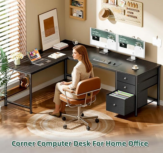 Furologee 63" L Shaped Desk with Power Outlets & USB-C Port, Reversible Corner Computer Desk with 3 Fabric Drawers, Hooks, Large Home Office Desk for Gaming, Writing, Work, Black