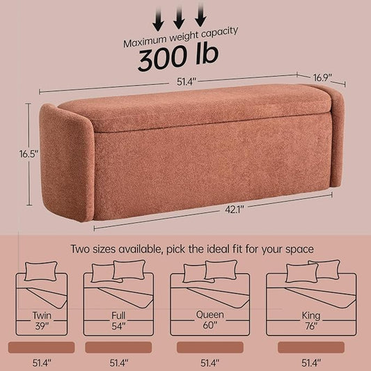 VKNOW 51" Storage Ottoman Bench, Upholstered End of Bed Bench with Smooth Hinges, Oval Large Ottoman Bench for Bedroom, Living Room and Hallway Entryway, Rust Red