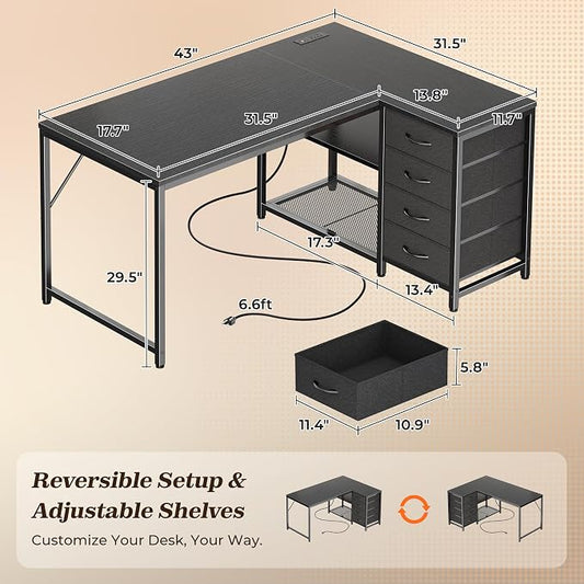 PRAISUN 43.3" Small Computer Desk with Power Outlets & USB-C Port, Reversible L Shaped Corner Office Desk with 4 Fabric Drawers and 2 Adjustable Storage Shelves, for Gaming Writing, Black