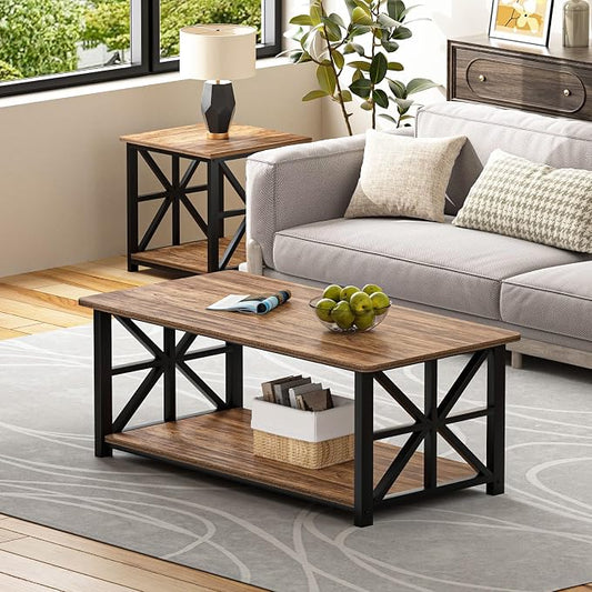 GreenForest Round Corners Coffee Table for Living Room | Rustic Style Center Table with Storage Shelf,39 Inch Space Saving,X-Frame Sofa Table,Easy Assembly,Walnut