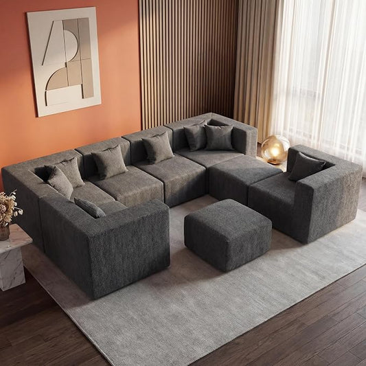 MONVANE Modular Sectional Sofa, Oversized 8 Seat Convertible U Shaped Couch with Ottoman, Comfy Chenille Cloud Couch with Deep Seat, Sectional Couches for Living Room, No Assembly Required, Grey