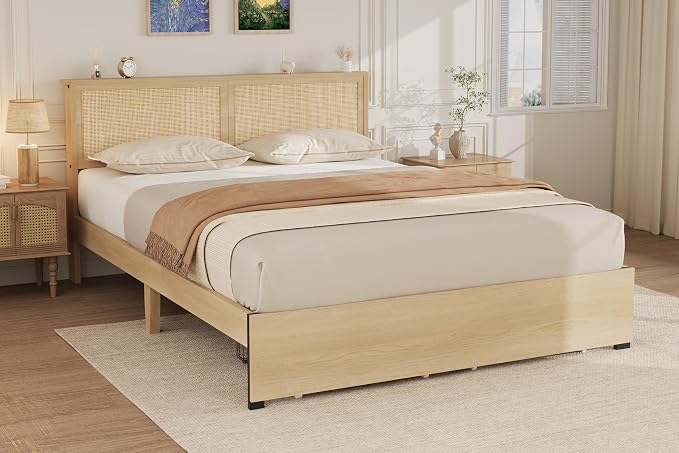 GarveeHome Queen Platform Bed Frame, Queen Size Bed Frame with Natural Rattan Headboard, Cane Bed Frame with 2 Storage Drawers and Strong Wood Slats Support, Noise Free, No Box Spring Needed