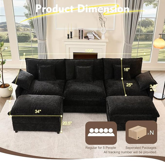 GOSUHI 108" U-Shaped Modular Cloud Couch, Deep Seat, Chenille Black | Cloud Comfort, Couches for Living Room, Removable & Machine-Washable Covers, Movable Ottoman, Modular Sectional Sofa
