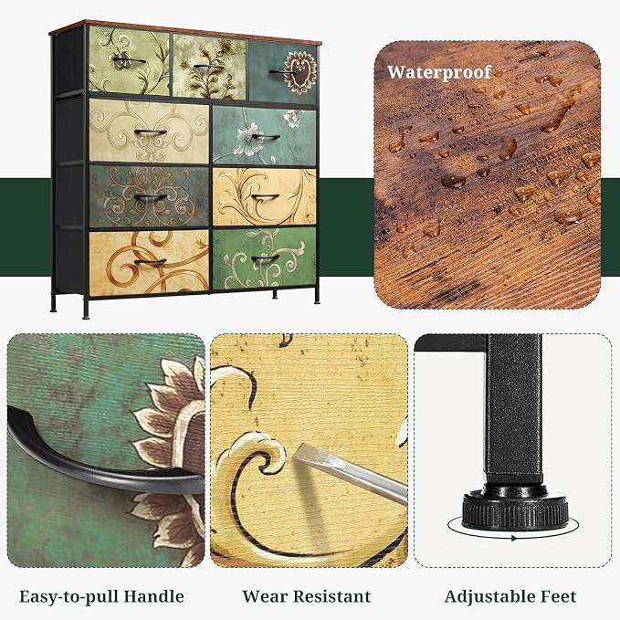 9-Drawer Dresser for Bedroom, Anti-Tip Tall Storage Organizer Chest of Drawers with Wooden Top and Metal Frame Fabric Bins for Closet, Living Room, Hallway, Entryway, Floral Painted