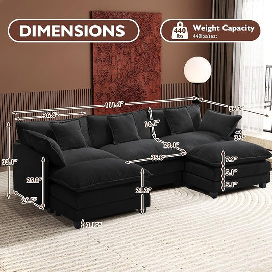 Ihanherry U-Shaped Modern Sofa 111.4" Modular Sectional Cloud Couch with 2 Ottoman, 5-Seat Chenille Deep Seat Sofa with 5 Pillows for Living Room, Black