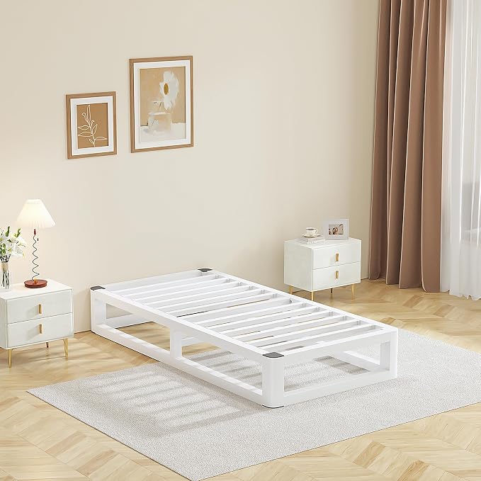 10 Inch Twin Bed Frames with Rounded Corner and Squeak Free U-Slot Design, Metal Platform Bed Frames 6 Non-Slip Guards, 3500lbs Heavy Duty Steel Slat Support, No Box Spring Needed, White