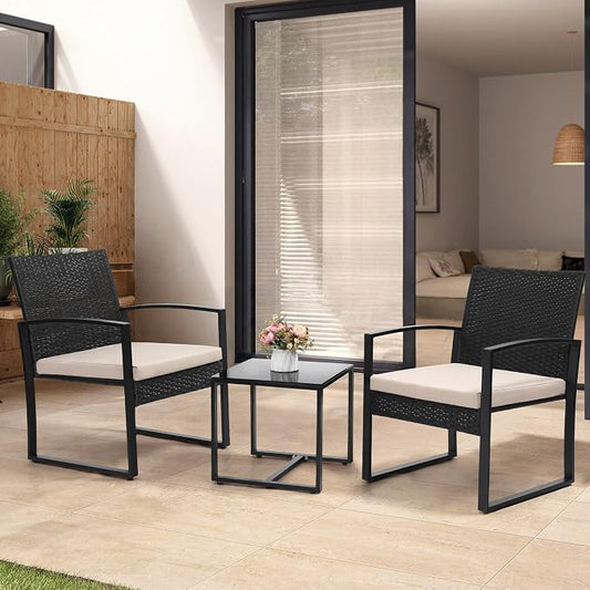 Murago 3 Piece Wicker Patio Bistro Set, Rattan Conversation Set with Coffee Table, for Balcony, Porch, Garden, Yard, Poolside, Black Frame with Beige Cushion