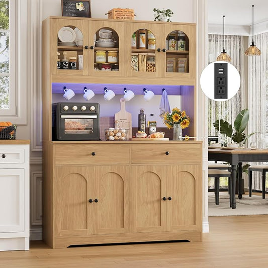 HIFIT 71" LED Kitchen Pantry Cabinet with Power Outlet, Large Kitchen Hutch Storage Cabinet with Arched Door & Shelves & 2 Drawers, Tall Modern Coffee Bar w/Hutch for Home Dining Living Room, Natural