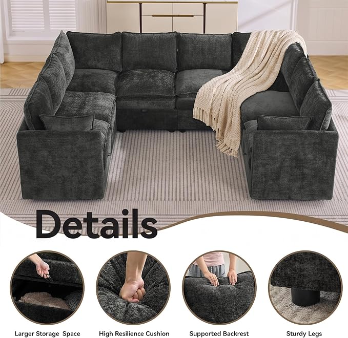 105" Dark Grey Oversized Modular Storage Sofa, U Shaped Chenille Couch | Oversized Convertible Sectional Sofa, 8-Seat Sectional Couch With Armrests, Large Cloud Couch For Living Room, Apartment.