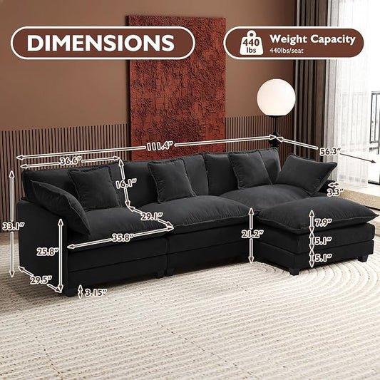 Ihanherry 111.4" L Shaped Modern Sofa Modular Sectional Cloud Couch with Ottoman, 4-Seat Chenille Deep Seat Sofa with Pillow for Living Room, Bedroom and Apartment, Black