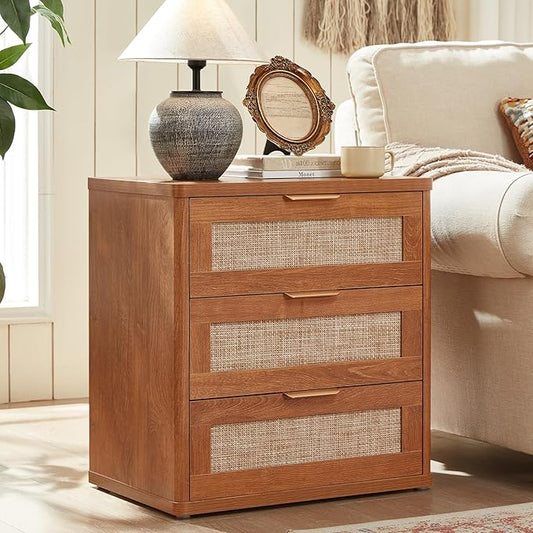 LEYAOYAO Rattan Night Stand with Drawers, 23" Large 3 Drawer Boho Nightstand, Natural Wood Bedside Table Storage Cabinet, Bed Side End Tables Dresser for Bedroom, Living Room, Hallway, Closet